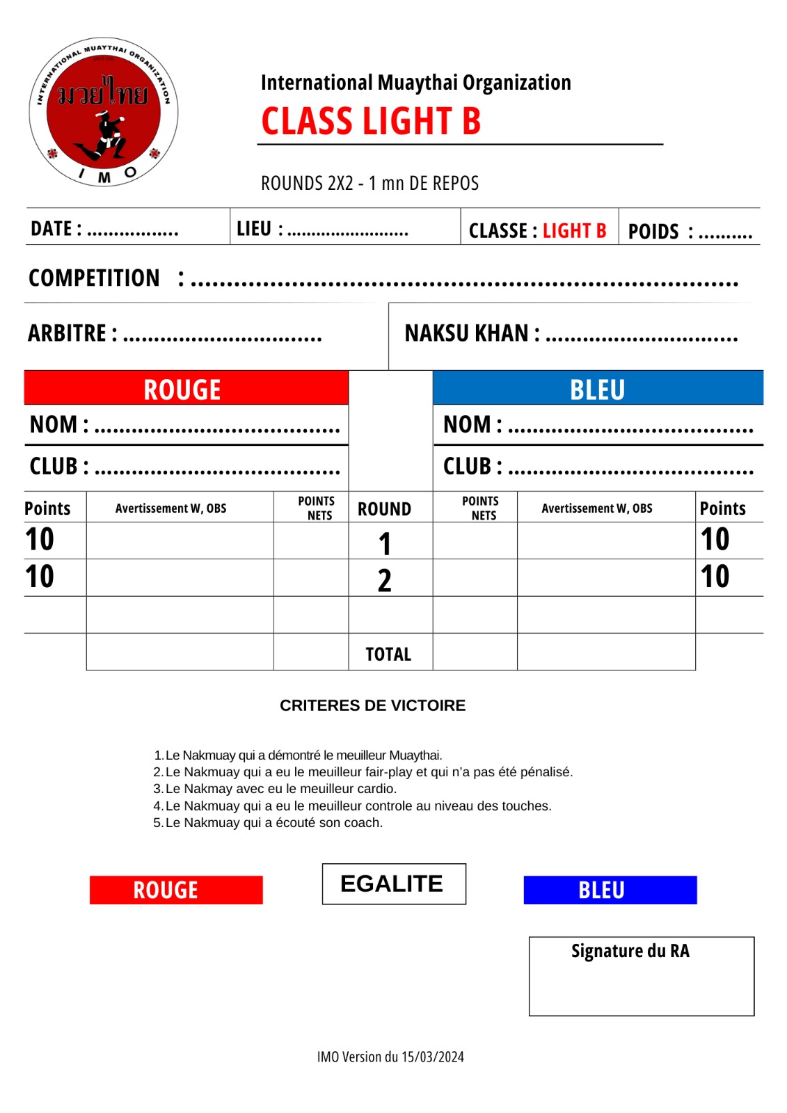 Feuille de pointage des combats - Muay Thai Part 4 Aubusson